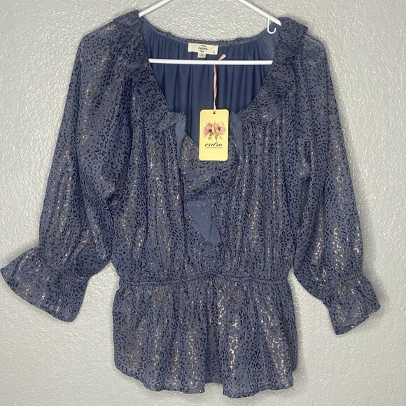 Entro Top Ladies Blue w/ Metallic Gold Leopard 3/4 Sleeves Ruffled V Neck - Picture 1 of 13